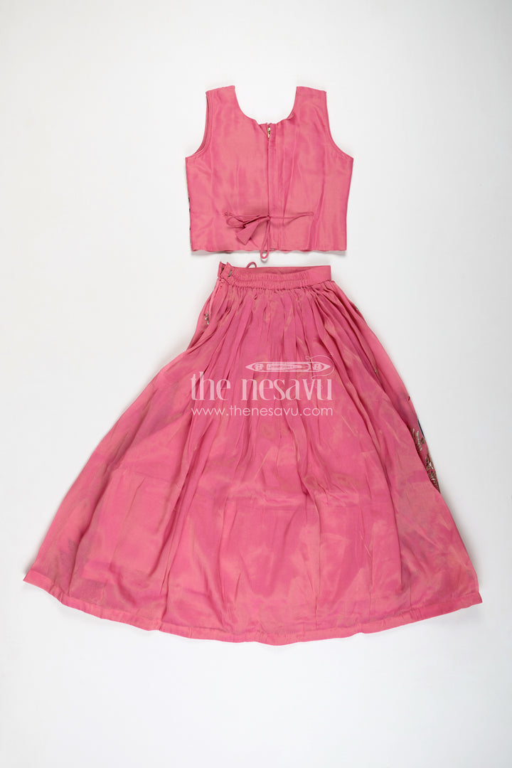 Girls Pink Lehenga in Kora Silk Cotton with Peacock Thread Embroidery and Sleeveless Choli Design