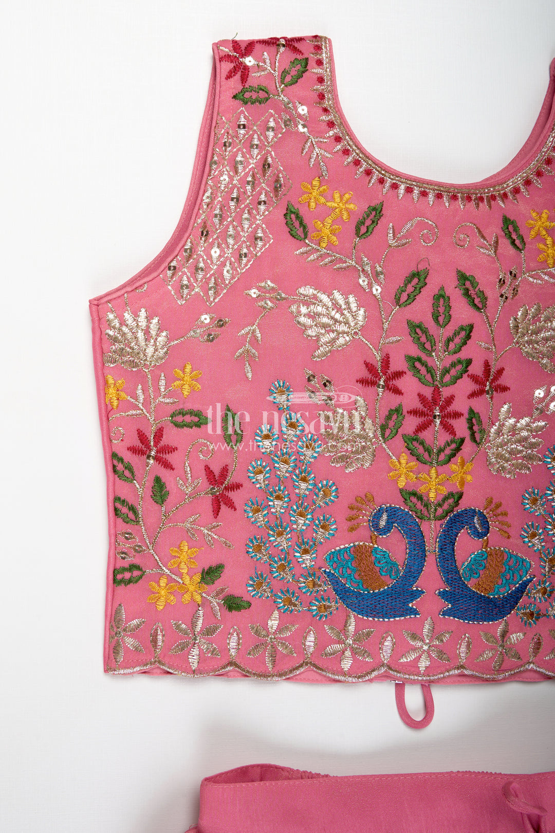 Girls Pink Lehenga in Kora Silk Cotton with Peacock Thread Embroidery and Sleeveless Choli Design