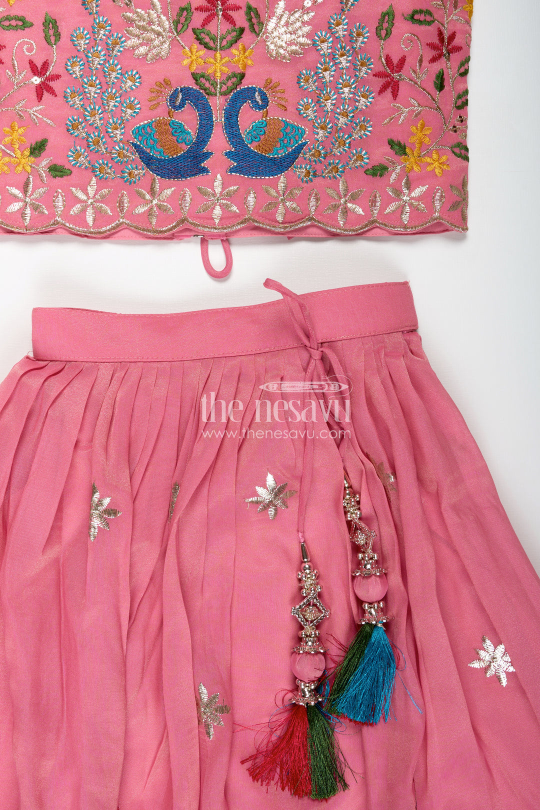 Girls Pink Lehenga in Kora Silk Cotton with Peacock Thread Embroidery and Sleeveless Choli Design