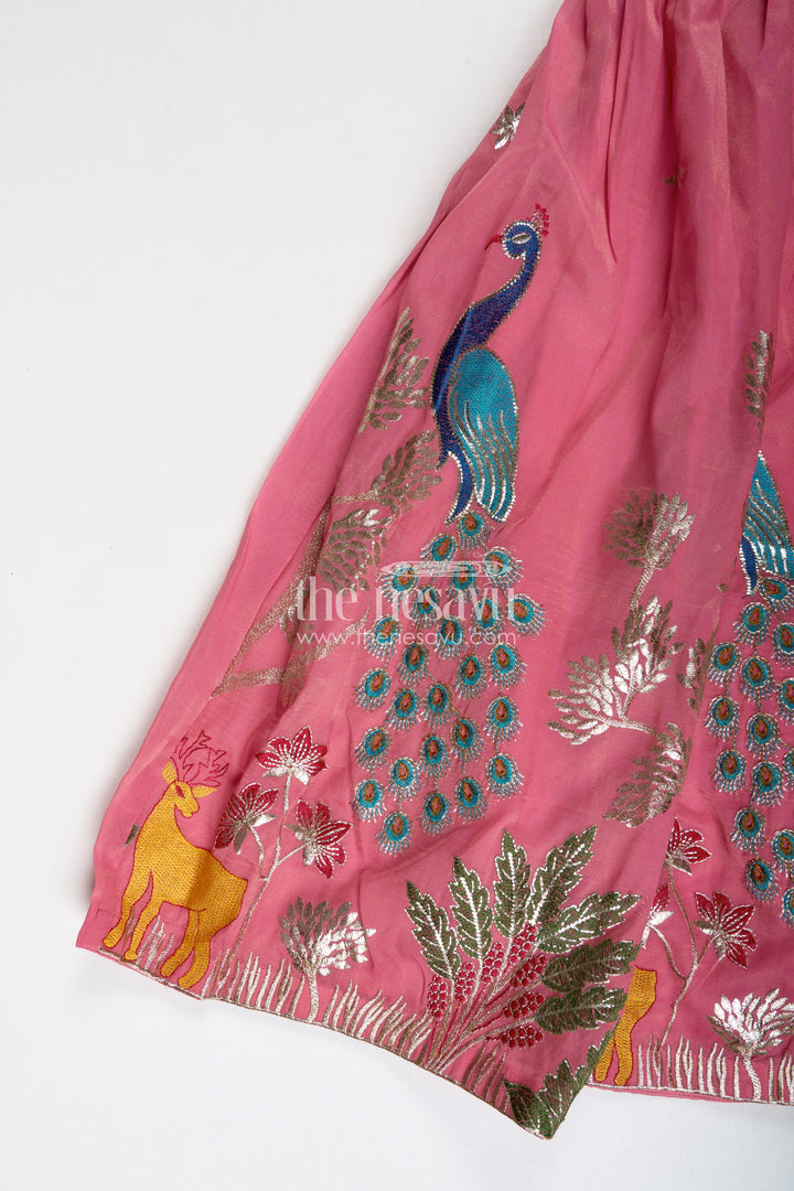 Girls Pink Lehenga in Kora Silk Cotton with Peacock Thread Embroidery and Sleeveless Choli Design