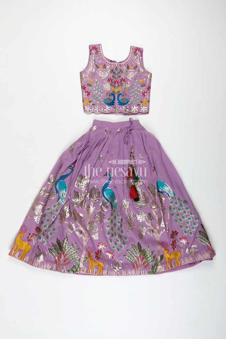 Kids Lehenga with Dupatta in Lavender Kora Silk Cotton and Peacock Embroidery for Elegant Festive Wear