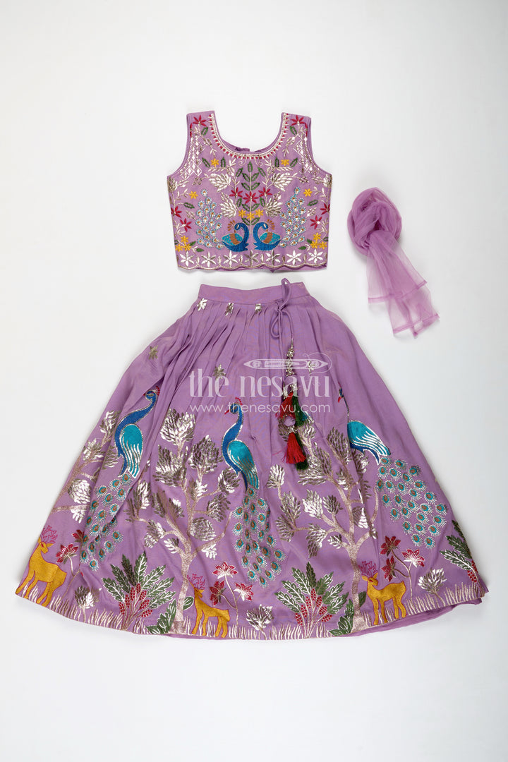 Kids Lehenga with Dupatta in Lavender Kora Silk Cotton and Peacock Embroidery for Elegant Festive Wear