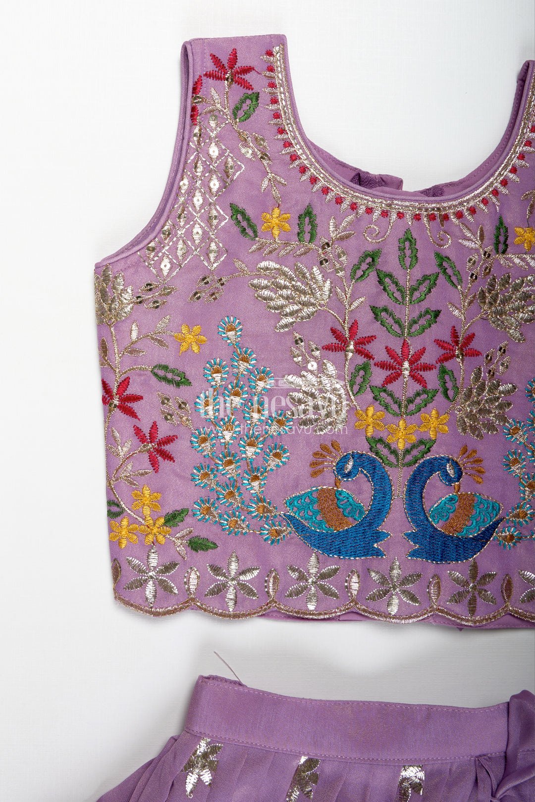 Kids Lehenga with Dupatta in Lavender Kora Silk Cotton and Peacock Embroidery for Elegant Festive Wear