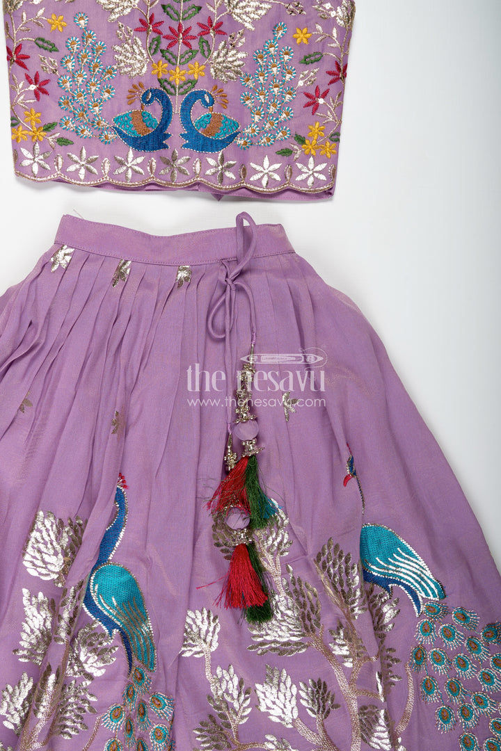 Kids Lehenga with Dupatta in Lavender Kora Silk Cotton and Peacock Embroidery for Elegant Festive Wear