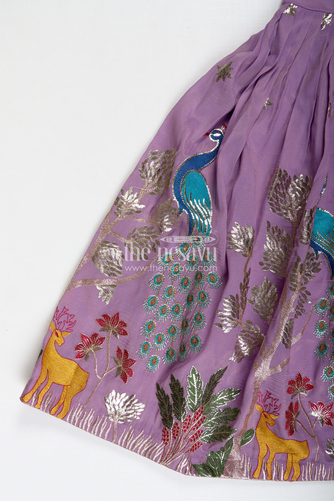Kids Lehenga with Dupatta in Lavender Kora Silk Cotton and Peacock Embroidery for Elegant Festive Wear