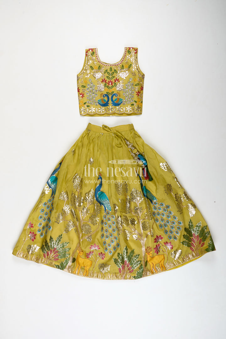 Lehenga for Special Occasions in Olive Green Kora Silk Cotton with Vibrant Peacock Embroidery and Tassels