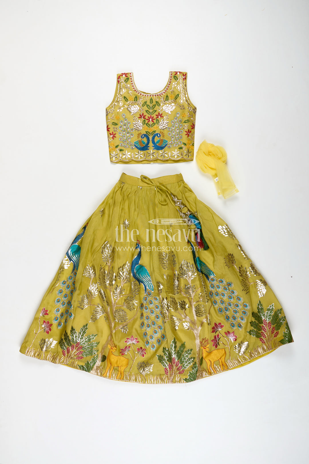 Lehenga for Special Occasions in Olive Green Kora Silk Cotton with Vibrant Peacock Embroidery and Tassels