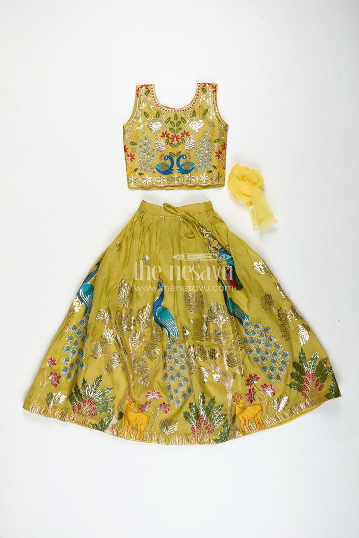Lehenga for Special Occasions in Olive Green Kora Silk Cotton with Vibrant Peacock Embroidery and Tassels