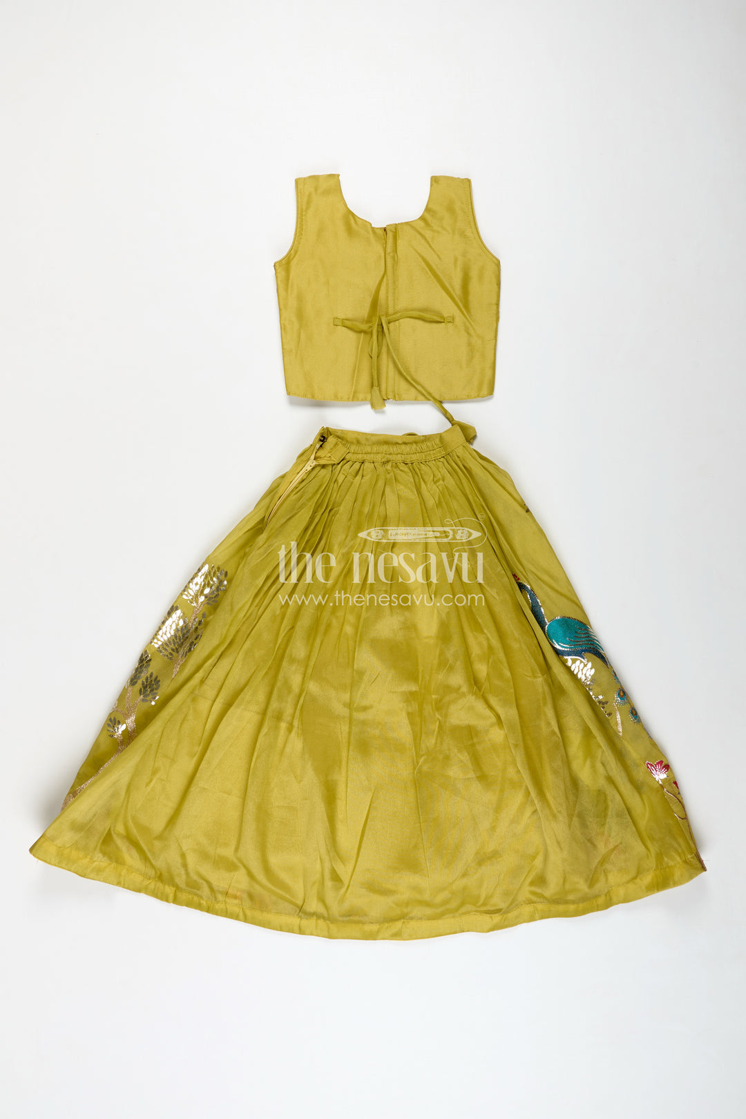 Lehenga for Special Occasions in Olive Green Kora Silk Cotton with Vibrant Peacock Embroidery and Tassels