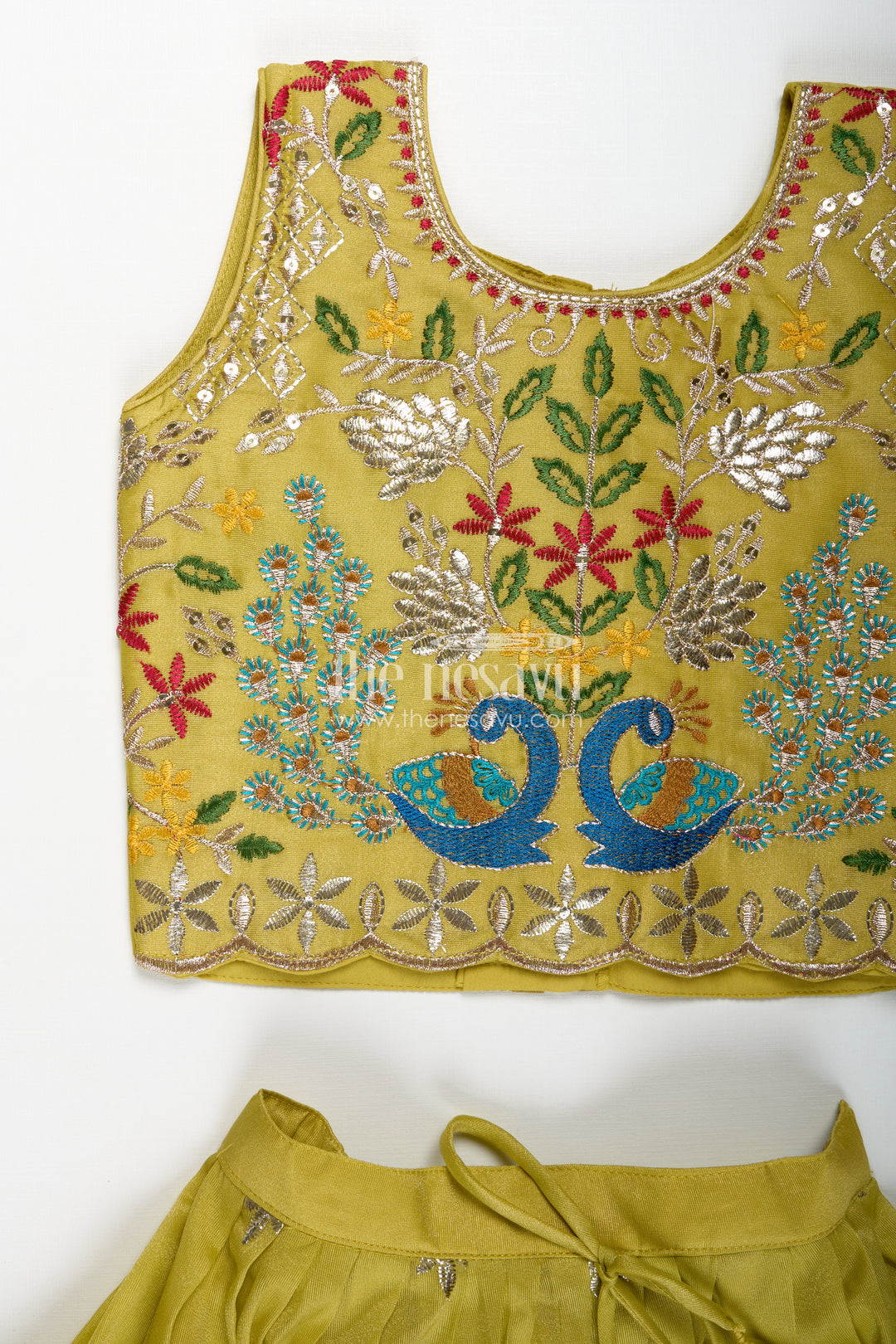 Lehenga for Special Occasions in Olive Green Kora Silk Cotton with Vibrant Peacock Embroidery and Tassels