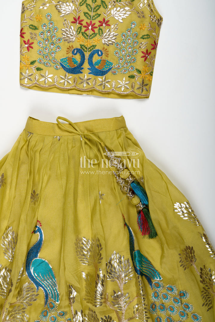 Lehenga for Special Occasions in Olive Green Kora Silk Cotton with Vibrant Peacock Embroidery and Tassels