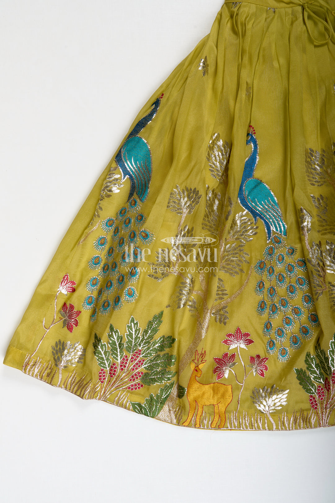 Lehenga for Special Occasions in Olive Green Kora Silk Cotton with Vibrant Peacock Embroidery and Tassels