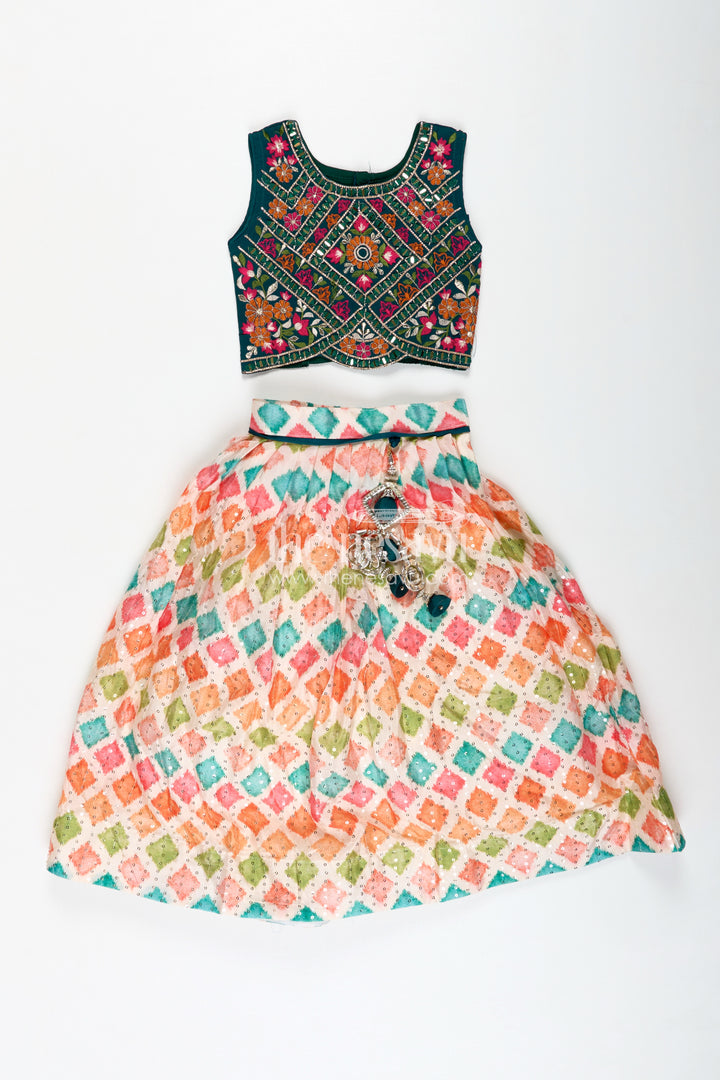 Girls lehenga pink and green with Mirror Embroidered Georgette Yoke and Multicolor Skirt