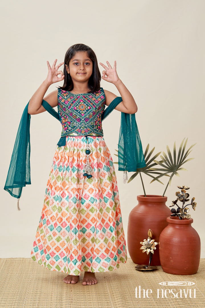 Girls lehenga pink and green with Mirror Embroidered Georgette Yoke and Multicolor Skirt