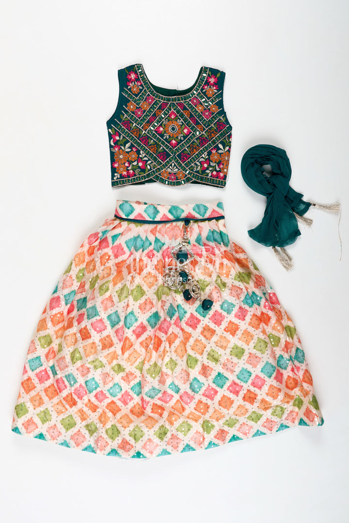 Girls lehenga pink and green with Mirror Embroidered Georgette Yoke and Multicolor Skirt