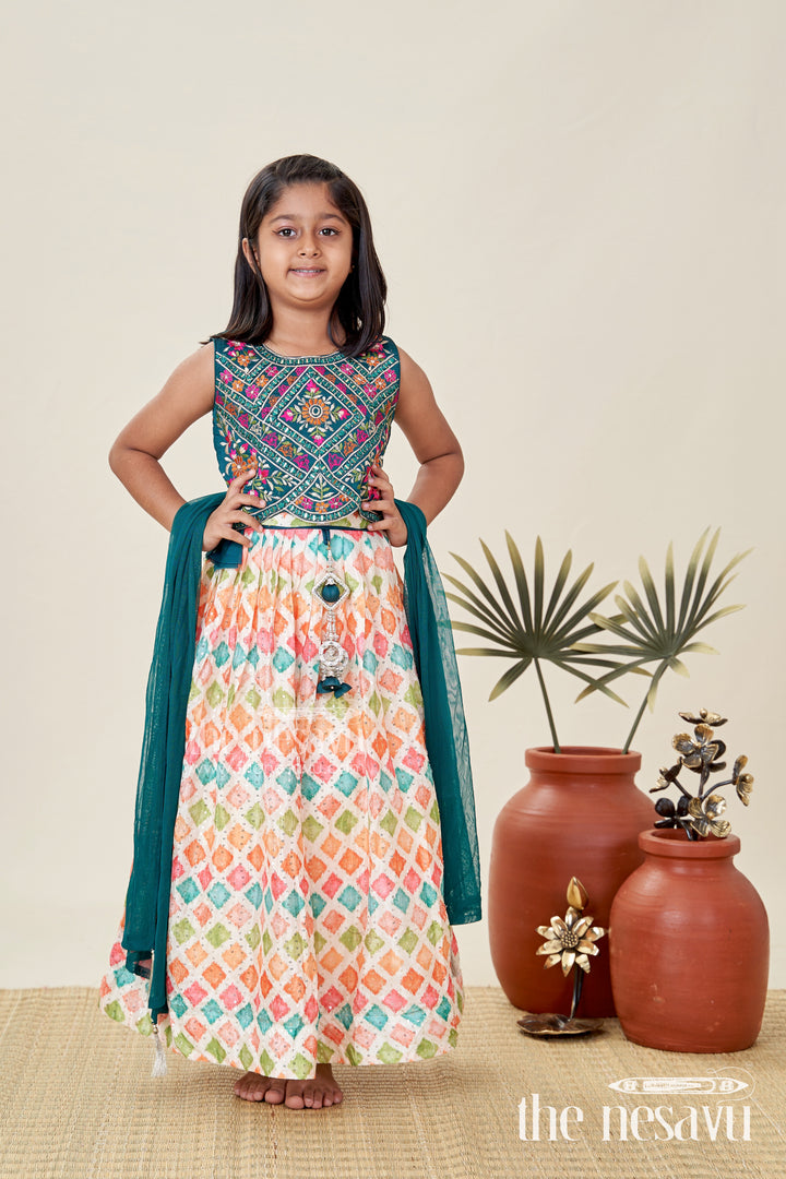 Girls lehenga pink and green with Mirror Embroidered Georgette Yoke and Multicolor Skirt