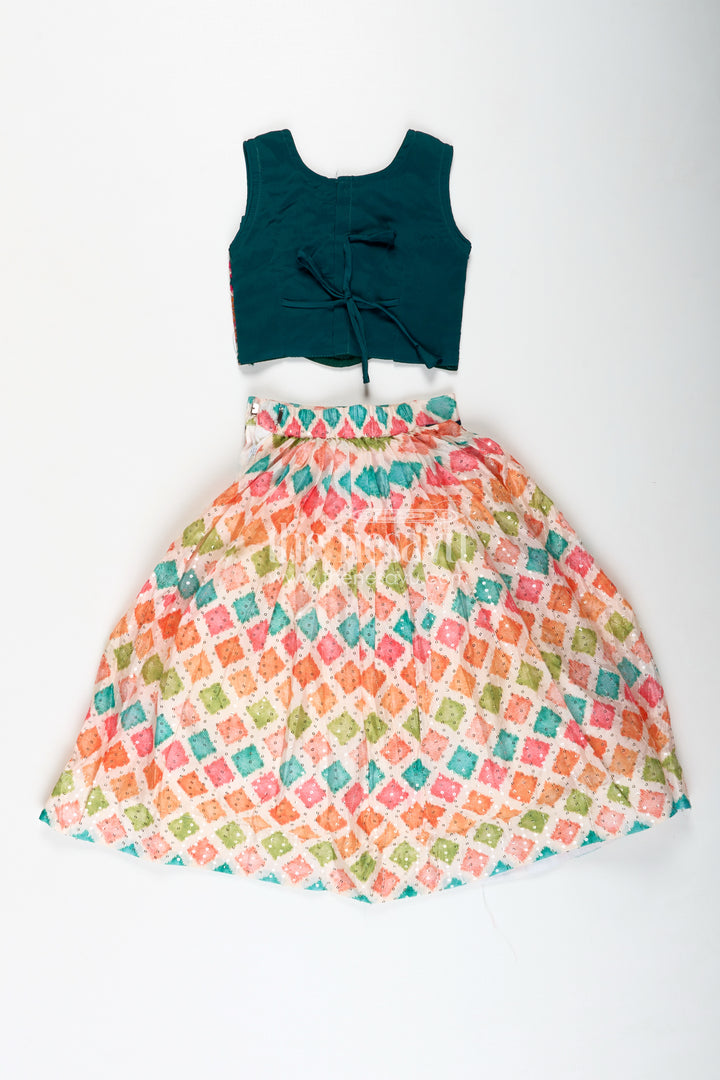 Girls lehenga pink and green with Mirror Embroidered Georgette Yoke and Multicolor Skirt