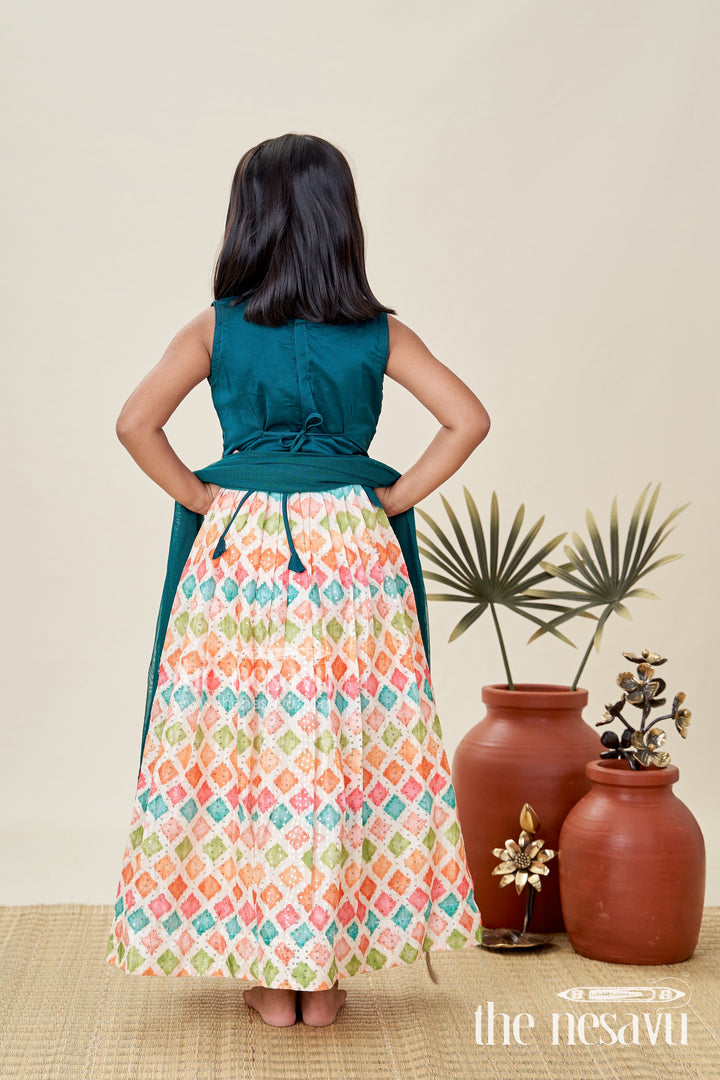 Girls lehenga pink and green with Mirror Embroidered Georgette Yoke and Multicolor Skirt