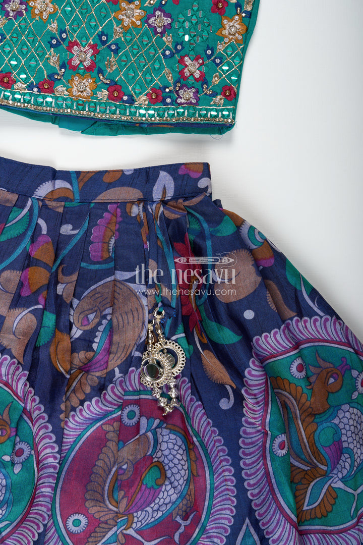 Girls lehenga trendy with Semi Silk Printed Skirt and Mirror Embroidered Choli in Peacock Motif