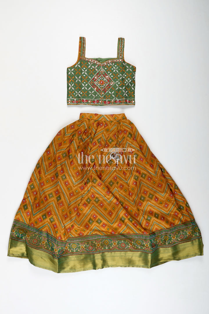 Girls Semi Silk green lehenga wedding Set with Mirror Embroidery and Printed Skirt for Festive Style