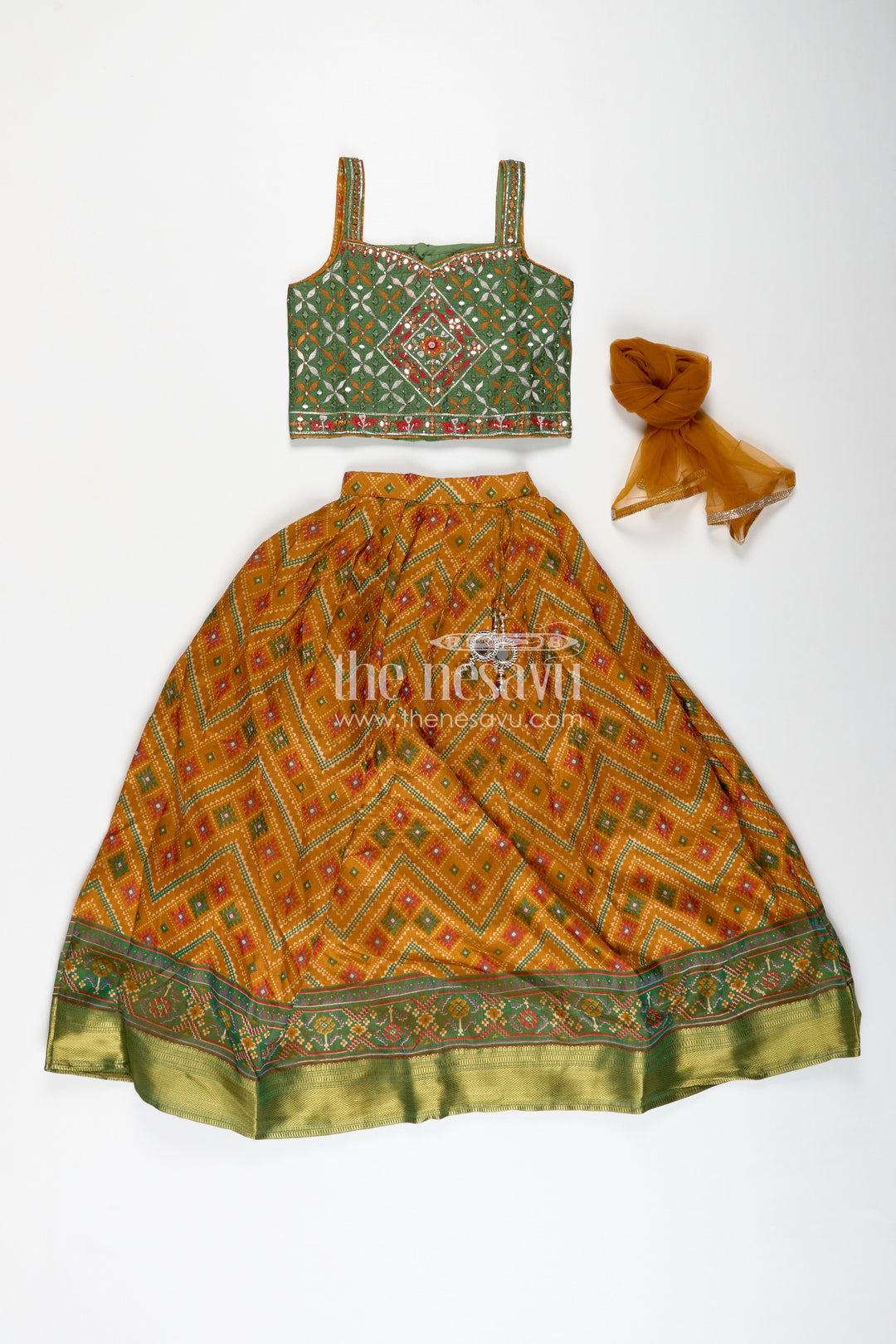 Girls Semi Silk green lehenga wedding Set with Mirror Embroidery and Printed Skirt for Festive Style