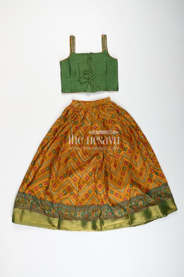 Girls Semi Silk green lehenga wedding Set with Mirror Embroidery and Printed Skirt for Festive Style