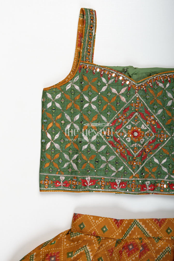 Girls Semi Silk green lehenga wedding Set with Mirror Embroidery and Printed Skirt for Festive Style