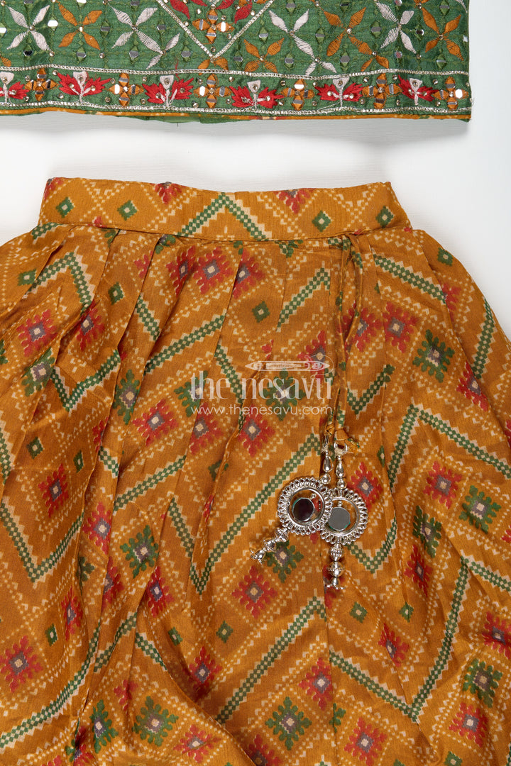 Girls Semi Silk green lehenga wedding Set with Mirror Embroidery and Printed Skirt for Festive Style