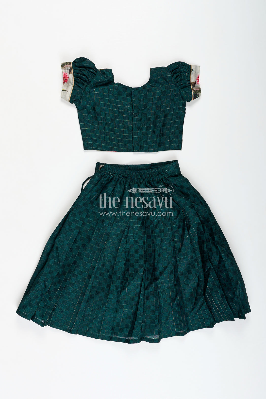 Modern Lehengas for Girls in Elegant Green with Floral Printed Chanderi Yoke and Silk Cotton Finish