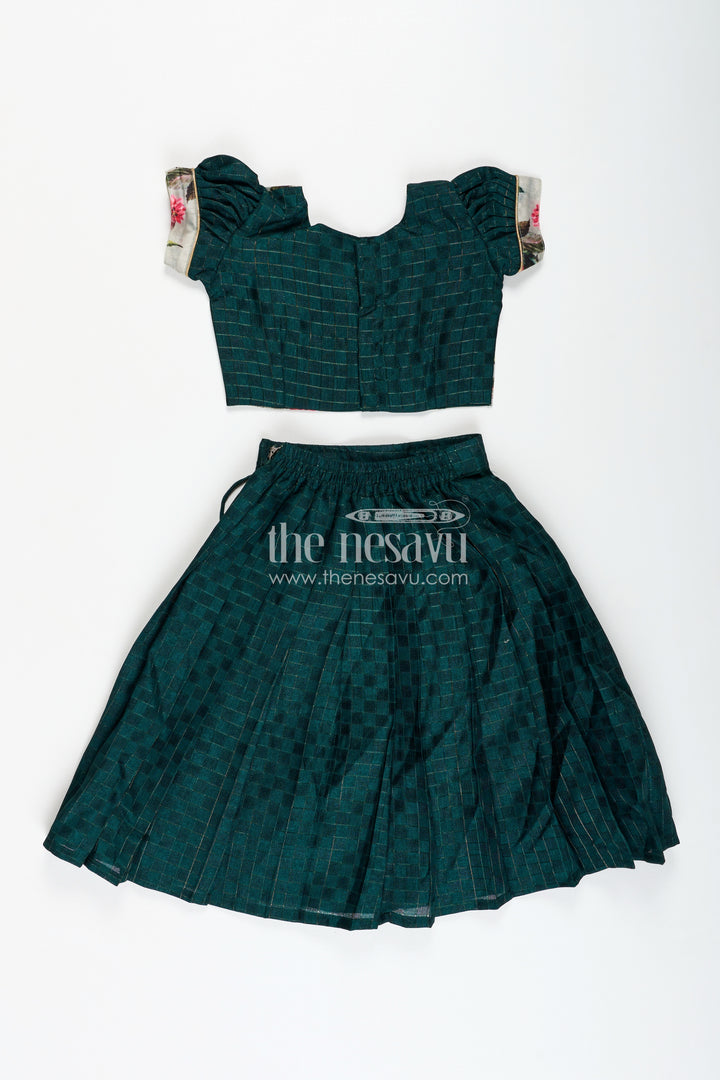 Modern Lehengas for Girls in Elegant Green with Floral Printed Chanderi Yoke and Silk Cotton Finish