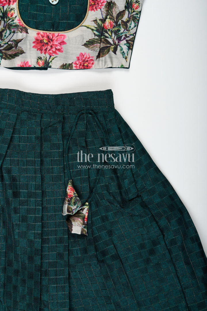 Modern Lehengas for Girls in Elegant Green with Floral Printed Chanderi Yoke and Silk Cotton Finish
