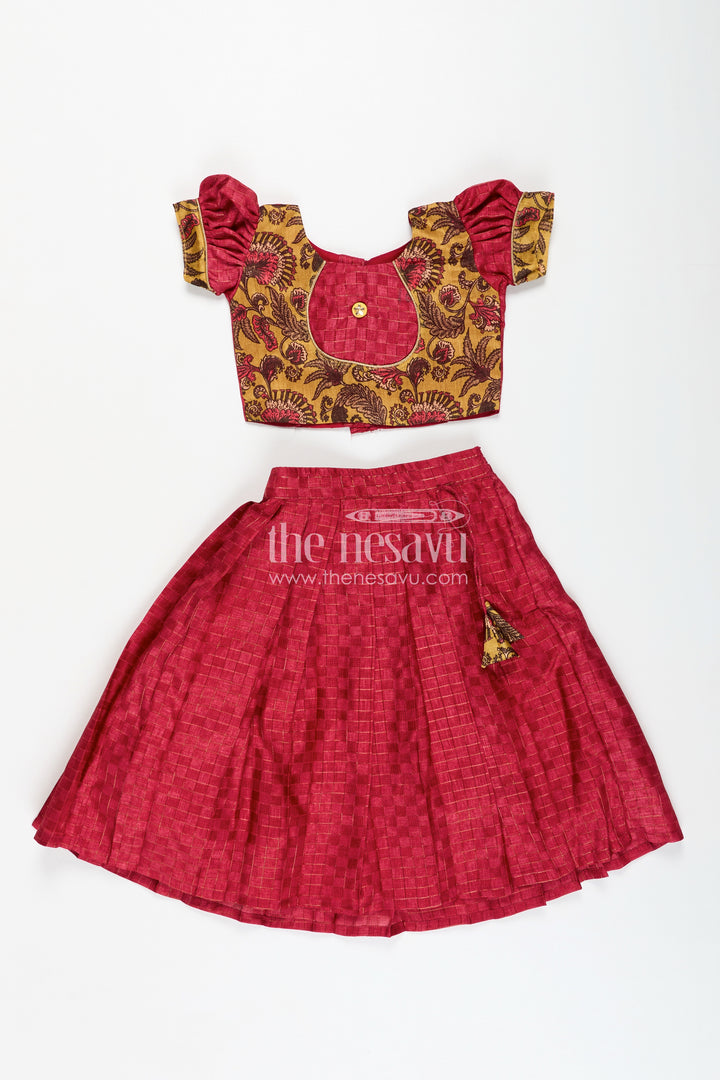 Cotton Lehenga Set for Girls in Maroon with Yellow Chanderi Yoke and Floral Detailing