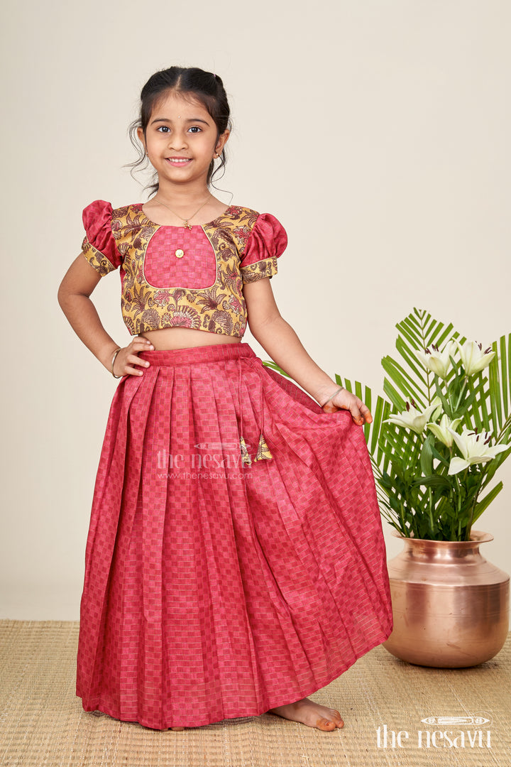 Cotton Lehenga Set for Girls in Maroon with Yellow Chanderi Yoke and Floral Detailing