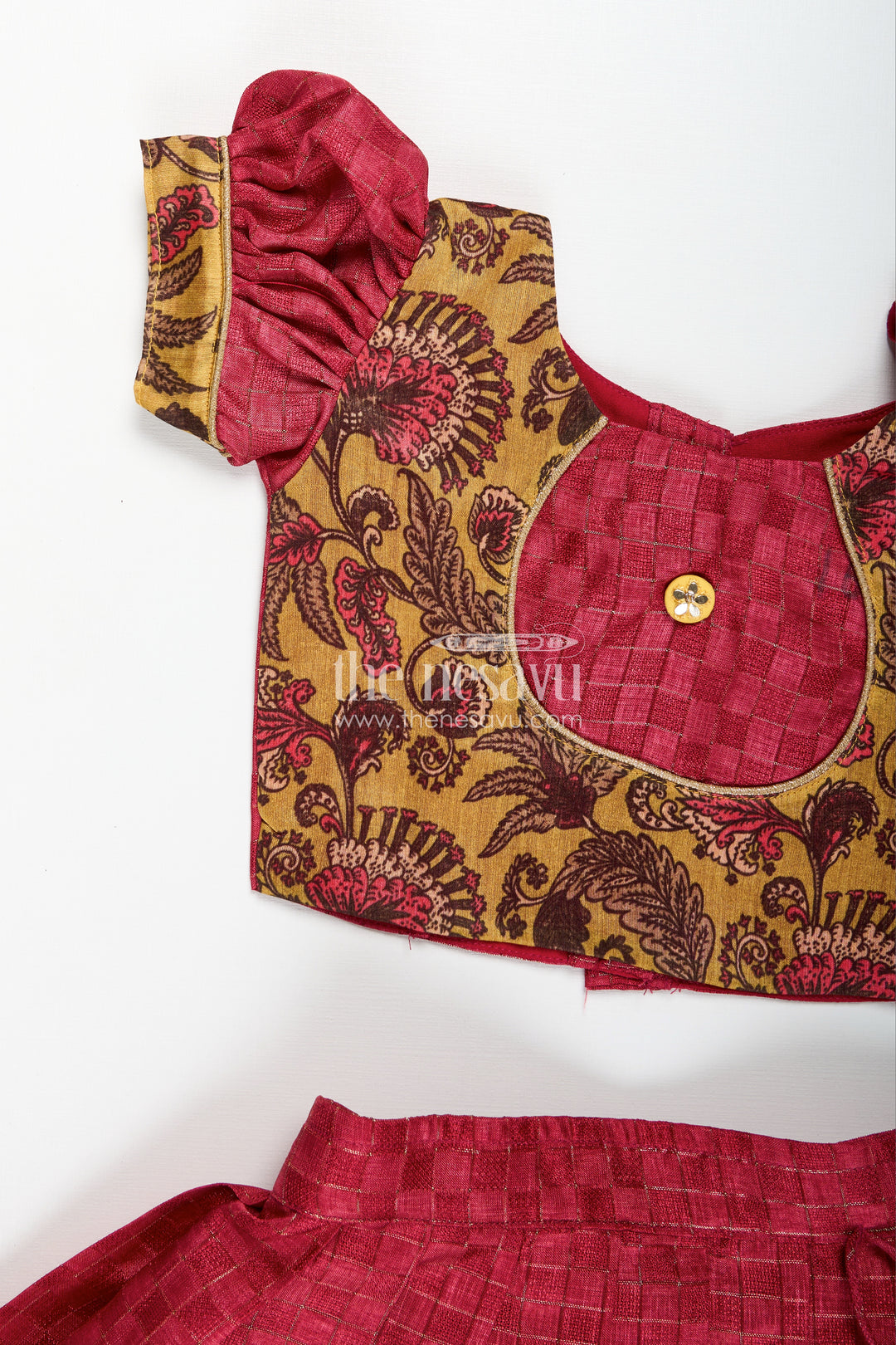 Cotton Lehenga Set for Girls in Maroon with Yellow Chanderi Yoke and Floral Detailing