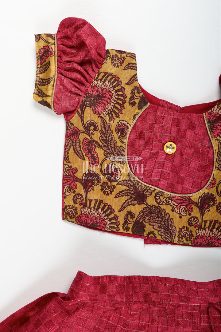 Cotton Lehenga Set for Girls in Maroon with Yellow Chanderi Yoke and Floral Detailing