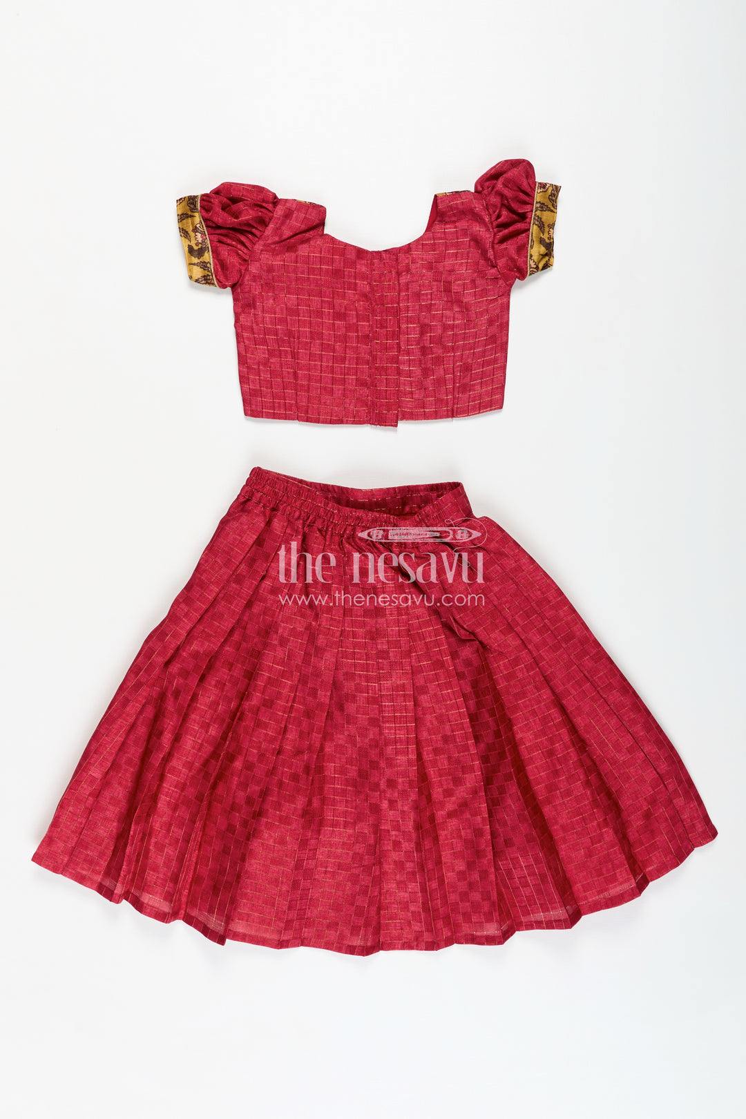 Cotton Lehenga Set for Girls in Maroon with Yellow Chanderi Yoke and Floral Detailing