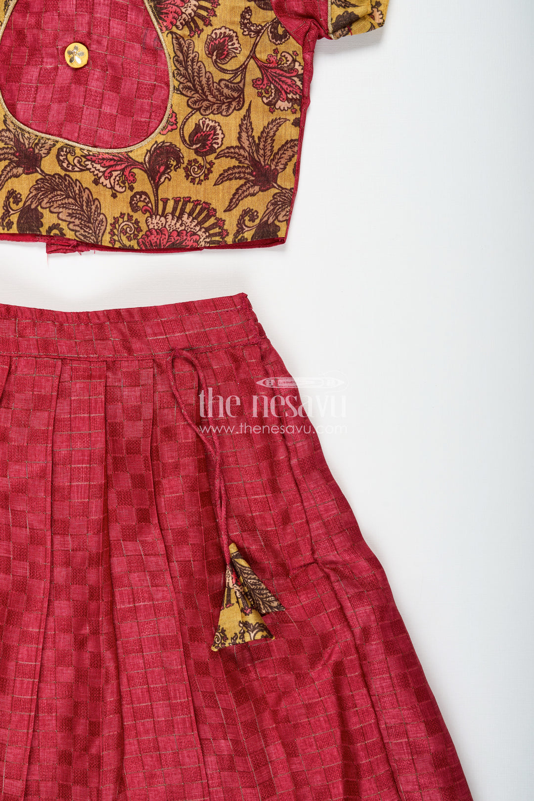 Cotton Lehenga Set for Girls in Maroon with Yellow Chanderi Yoke and Floral Detailing