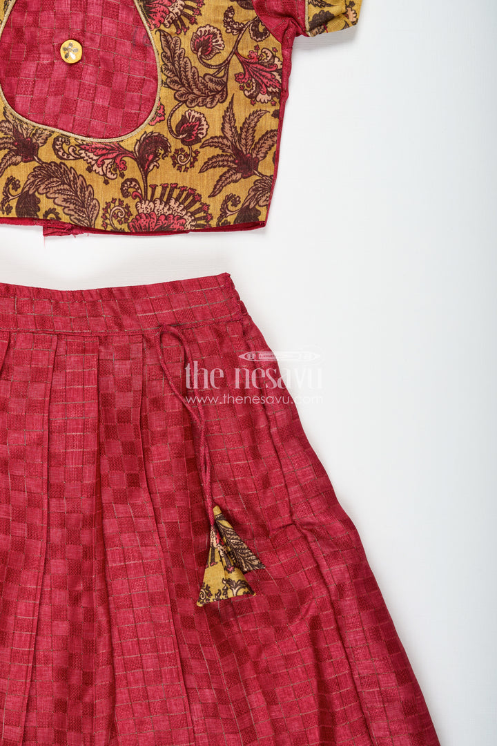 Cotton Lehenga Set for Girls in Maroon with Yellow Chanderi Yoke and Floral Detailing