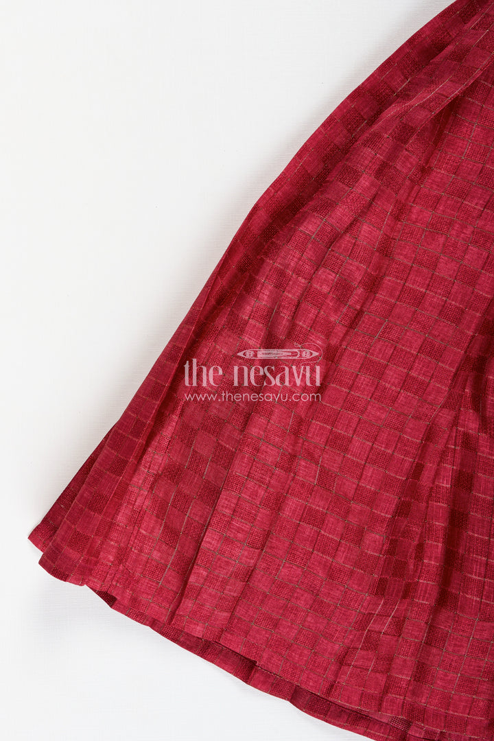 Cotton Lehenga Set for Girls in Maroon with Yellow Chanderi Yoke and Floral Detailing