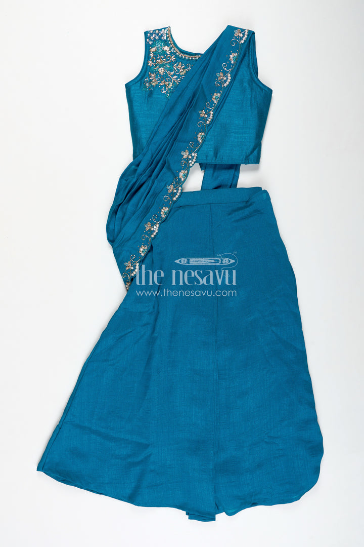 Kids Saree Style Lehenga Choli for Family Functions in Teal Georgette with Designer Embroidery