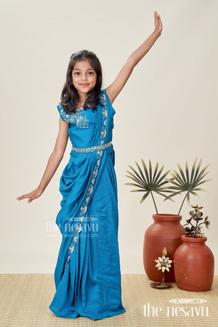 Kids Saree Style Lehenga Choli for Family Functions in Teal Georgette with Designer Embroidery