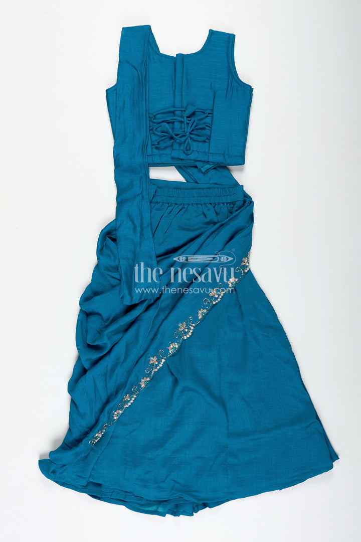 Kids Saree Style Lehenga Choli for Family Functions in Teal Georgette with Designer Embroidery
