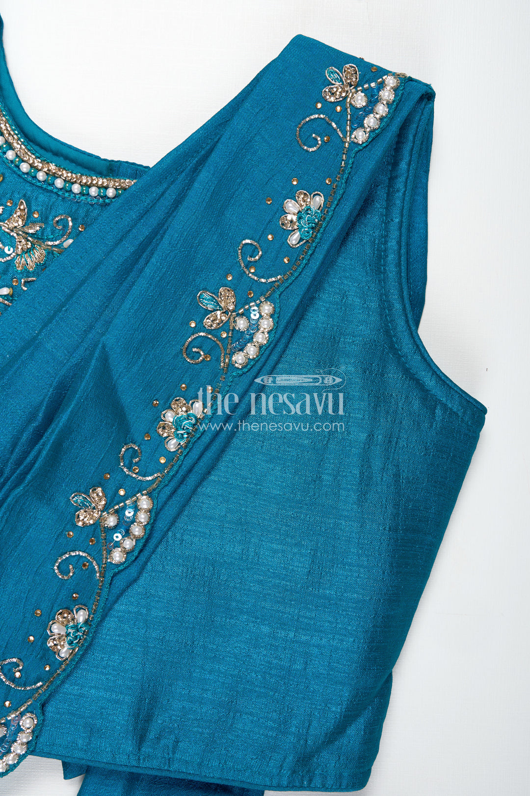 Kids Saree Style Lehenga Choli for Family Functions in Teal Georgette with Designer Embroidery