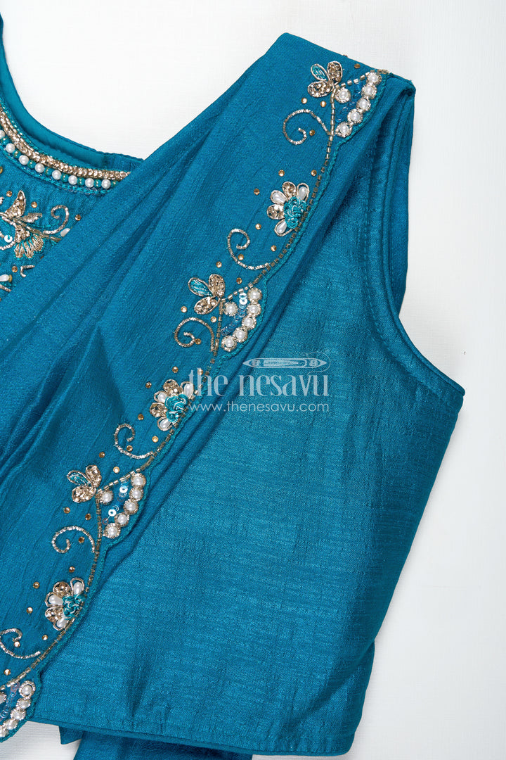 Kids Saree Style Lehenga Choli for Family Functions in Teal Georgette with Designer Embroidery