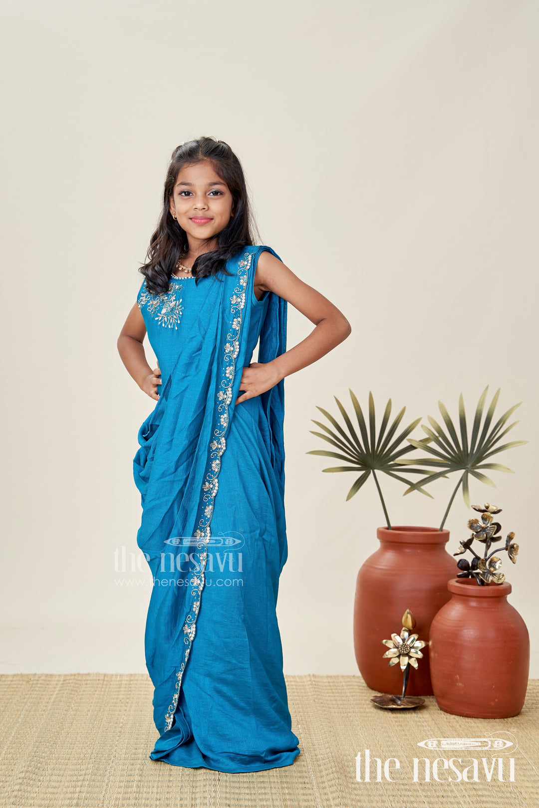 Kids Saree Style Lehenga Choli for Family Functions in Teal Georgette with Designer Embroidery