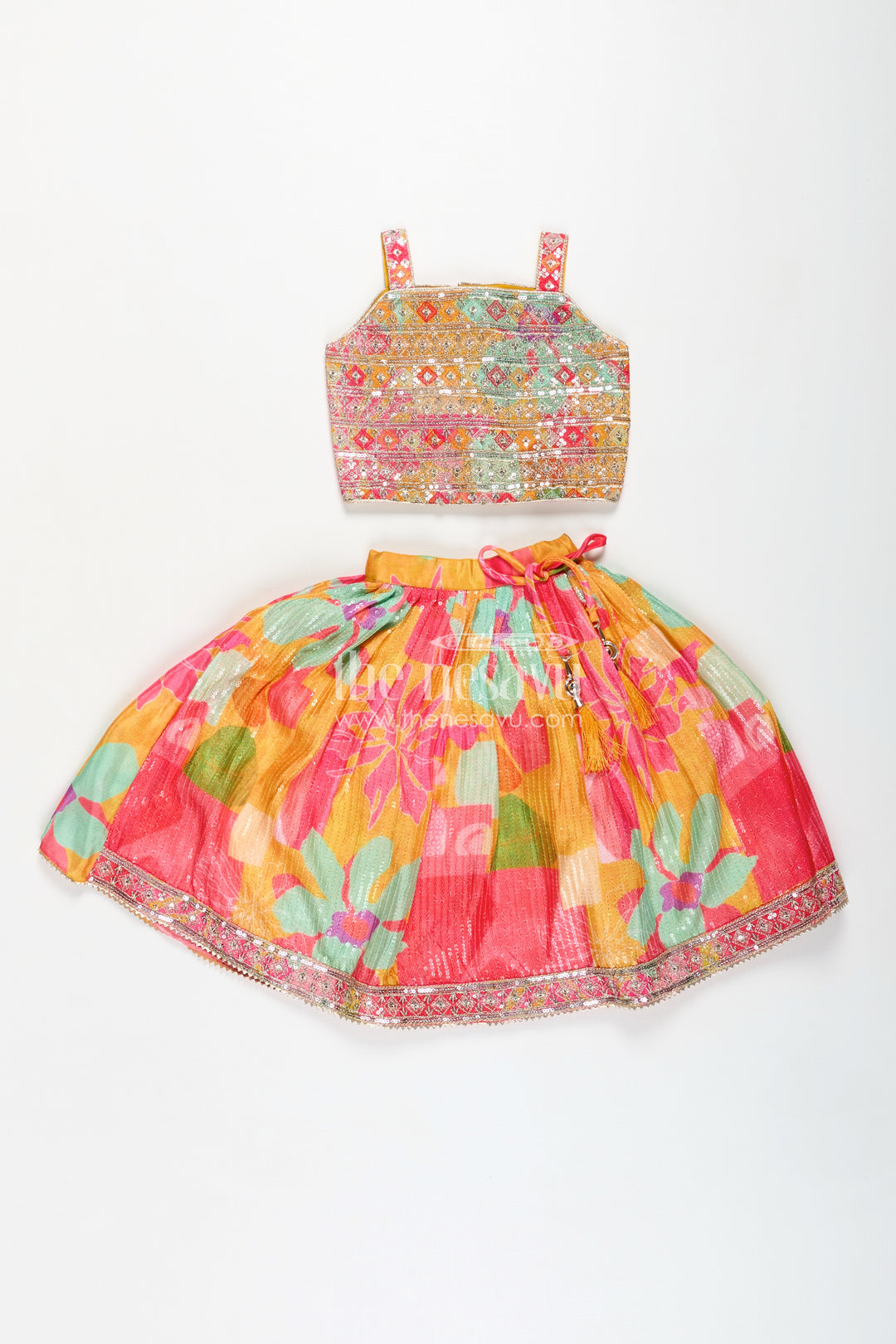 Girls Chaniya Choli in Vibrant Georgette Digital Print with Sequins and Multicolor Embroidered Blouse