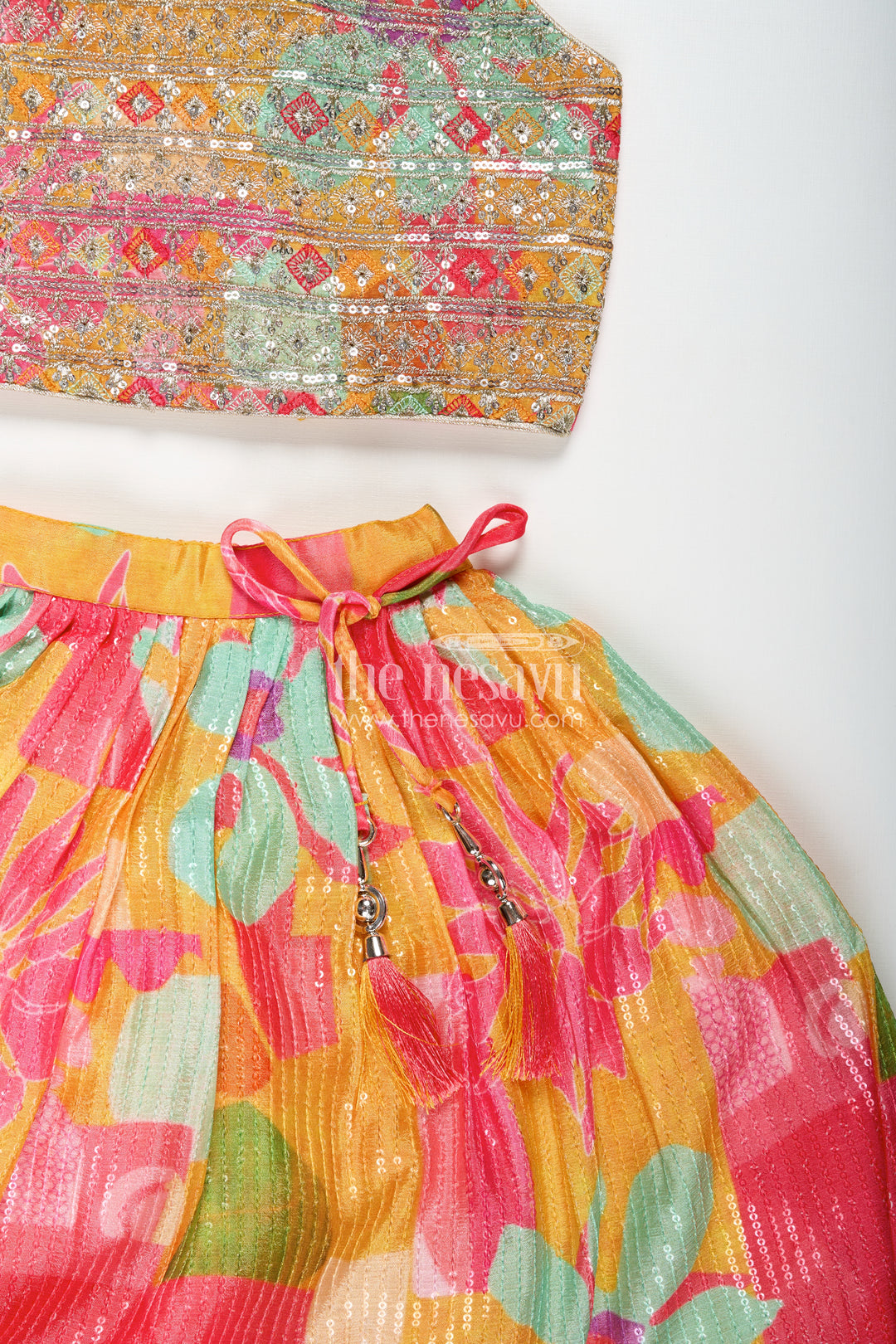 Girls Chaniya Choli in Vibrant Georgette Digital Print with Sequins and Multicolor Embroidered Blouse