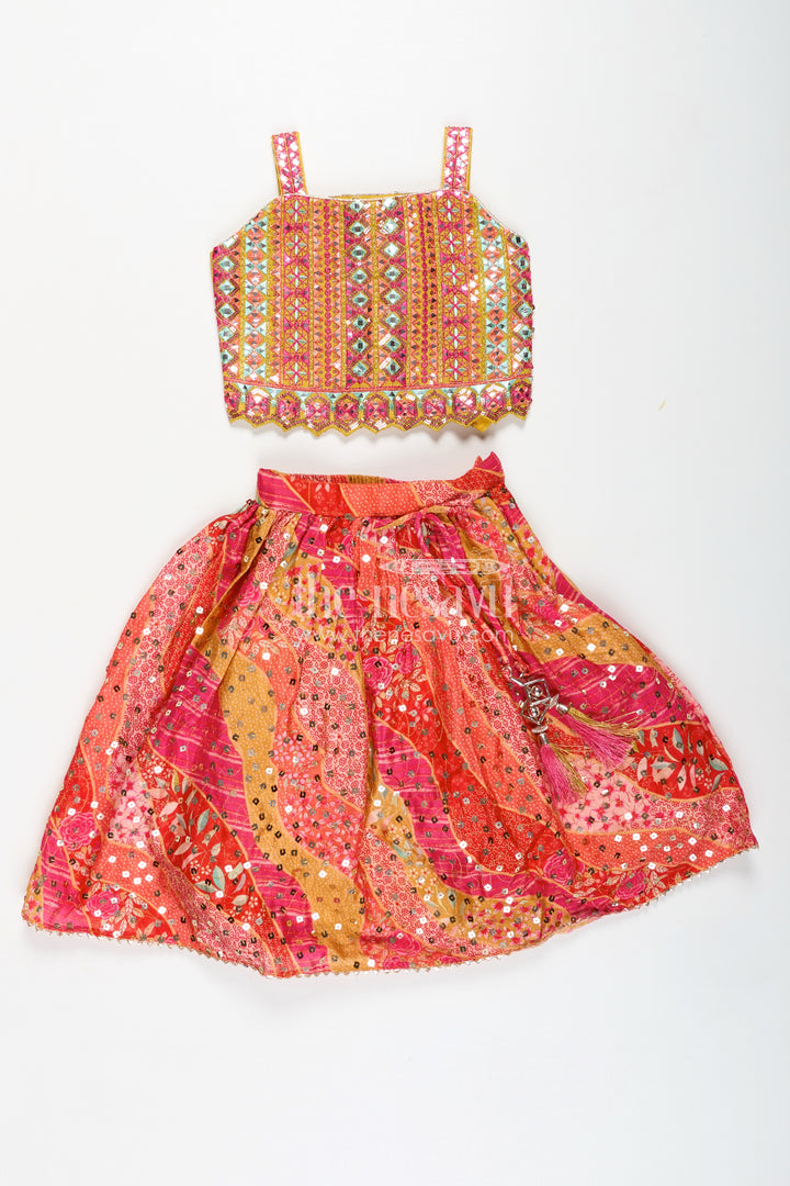 Girls Lehenga for Festival in Bright Chiffon with Thread Embroidered Blouse and Mirror Work Skirt