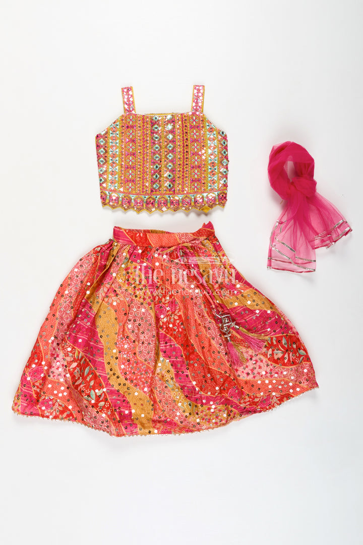 Girls Lehenga for Festival in Bright Chiffon with Thread Embroidered Blouse and Mirror Work Skirt