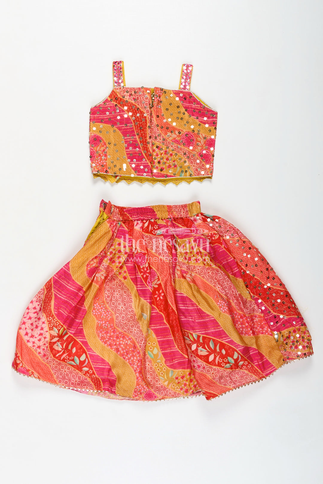 Girls Lehenga for Festival in Bright Chiffon with Thread Embroidered Blouse and Mirror Work Skirt